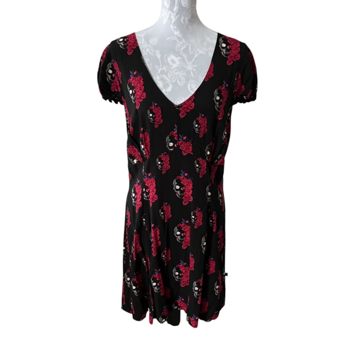 black and red skull dress Red & Black Flocked Filigree Skull Dress