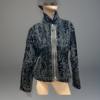 DIEGO M Italy Damen Jacke schwarz persisches Lammfell Lederbesatz Nieten Gr. M