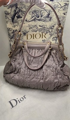 Dior Gray Quilted Leather Gaufre Shoulder Bag Gold Hardware Chain Strap 