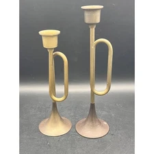 Vintage Brass Trumpet Bugle Candlestick Holders Set of 2 Musical Decor 7" and 8"