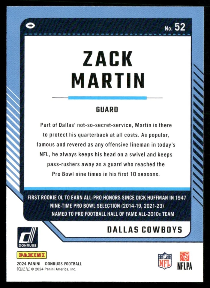 2024 DONRUSS ZACK MARTIN DALLAS COWBOYS #52 - Image 2 of 2