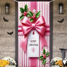 Christmas Door Cover Pink Christmas Gift Bow Door Cover Hanging Banner Front Doo