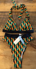CUPSHE NWT Orange Green Black Trim high waist Bikini Two Piece X-Small XS