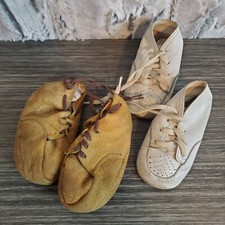 Two Pair Vintage Baby Shoes - Well Worn, Brown Leather, White Booties