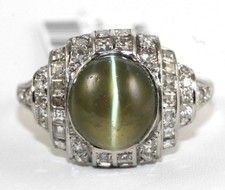 Platinum Natural Green Cat Eye Chrysoberyl & Diamond Solitaire Ring 6.75Ct