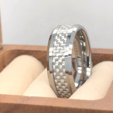 Modern Men's Tungsten Wedding Band Silver Finish with Sleek Carbon Fiber Ring