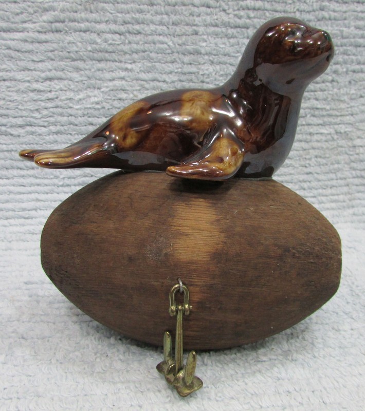 Old 1970's 6" Brown Porcelain Seal Figurine on Vintage Wood Float w Anchor