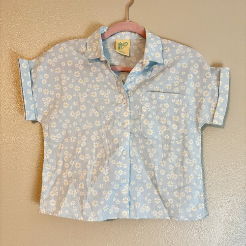 Short Sleeve Light Blue Cotton Blouse White Daisy Polka Dots M 10/12 Thereabouts - Picture 9 of 11