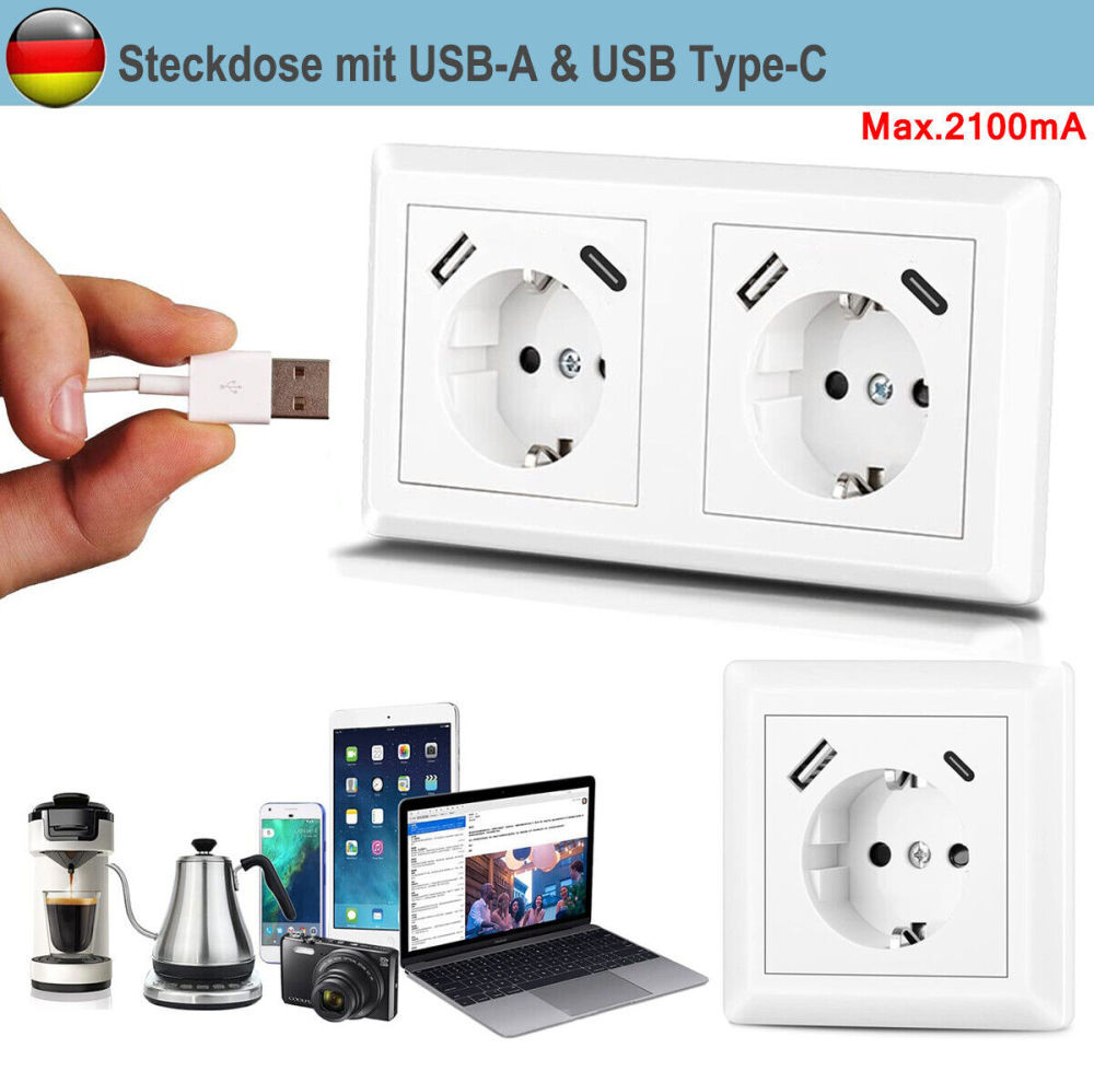 Presa Schuko con porta USB-A e tipo C, max. 3,4 A, messa a terra Presa Schuko con porta USB-A e tipo C, max. 3,4 A, messa a terra