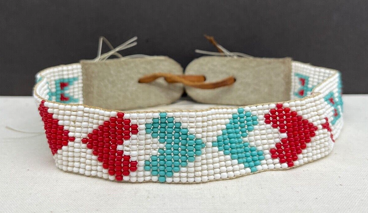 Native American Beaded Leather Belt Ties Headband Extension Pow