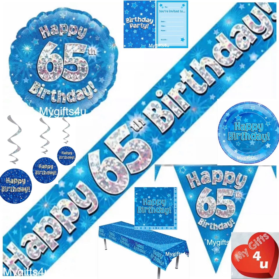 Blue 65th & Happy Birthday Party Decorations Buntings Balloons Banner swirls Age