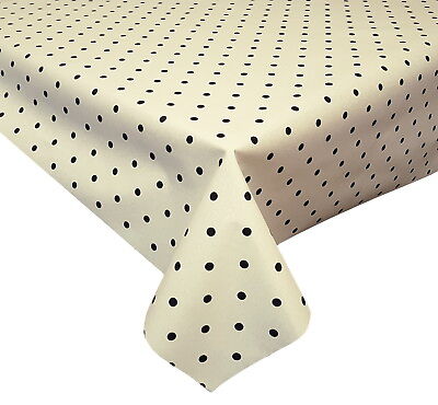 ACRYLIC COATED TABLE CLOTH DOTTY WHITE BLACK POLKA DOT SPOTS WIPE ABLE COVER 