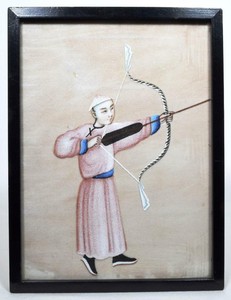 Antique 19thC Chinese Rice Paper Pith Painting of an Archer