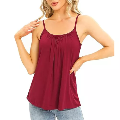 Women Flowy Pleated Camisole with Built-in Bra Loose Casual Sleeveless Tank Tops - Picture 12 of 48