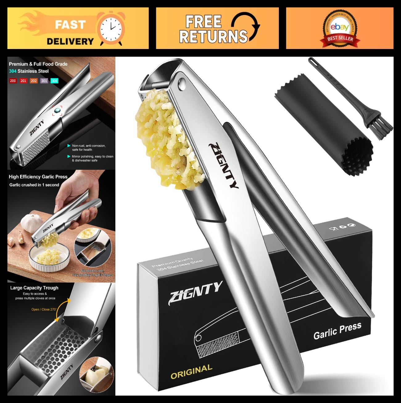 Stainless Steel Garlic Press & Mincer Tool - No Peel, Easy Squeeze, Rust Proof,