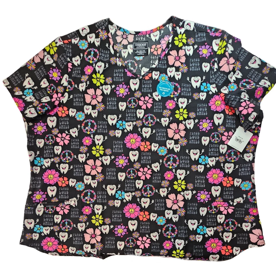 Cherokee Women's Dental Print Scrub V Neck Top 4XL Peace Love Smile - Image 3 of 4