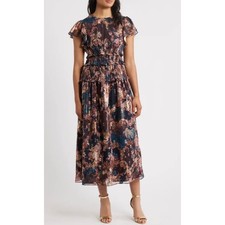 NWT Eliza J Floral Metallic Smocked Midi Dress Womens 10 Event Wedding Cocktail