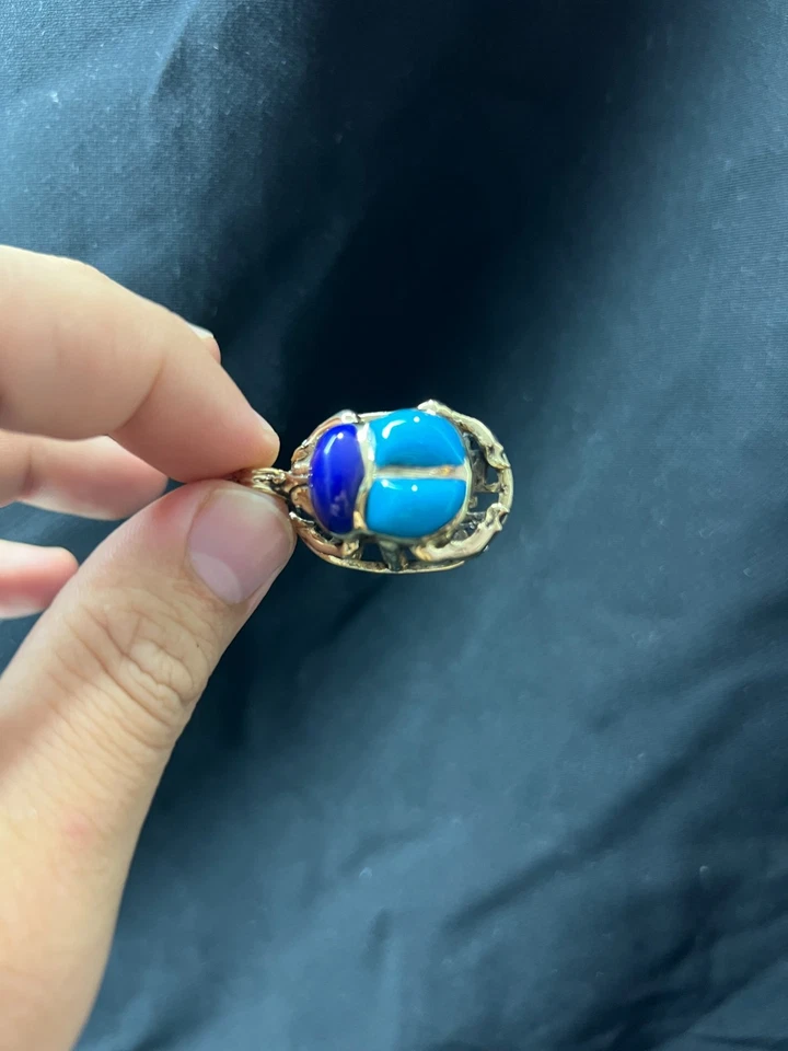 Egyptian Scarab Beetle Pendant Gold Enamel Amulet with Blue and Turquoise - Image 4 of 4
