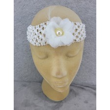 White Crochet Flower Headband Pearl Rhinestone Fancy Christening
