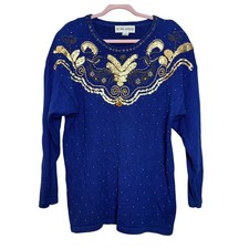 Vintage 80s Victoria Harbour Blue Sequin Beaded Sweater Women L Glam Holiday