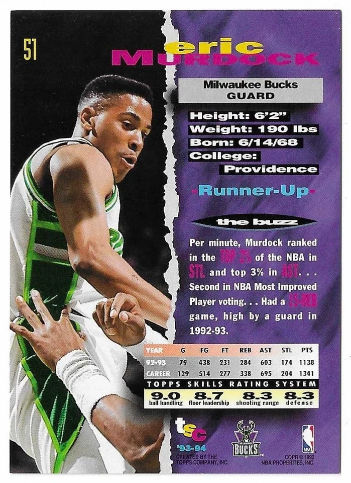 1993-94 Topps Stadium Club Basketball Eric Murdock Card #51 Milwaukee Bucks - Image 2 of 2