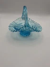 Fenton Style Blue Art Glass Basket Ruffled Edge Applied Handle Vintage