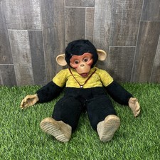 Vintage 1950s Rubber Face Monkey Plush Doll Bell Outfit Mid Century Toy