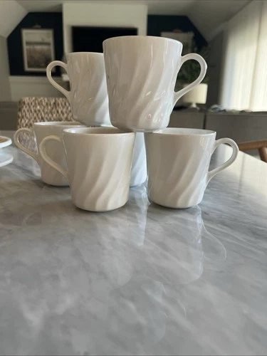 Corning White Swirl Farmhouse Glass Coffee Mugs Cups - Set of 6