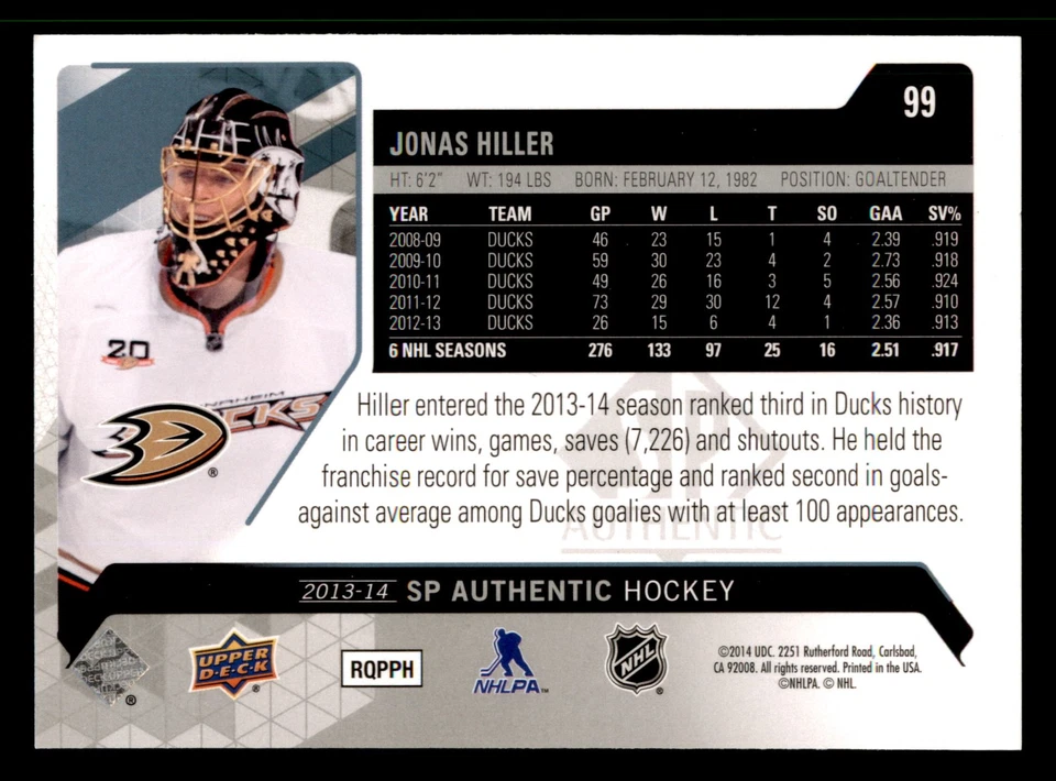 2013 SP Authentic Jonas Hiller #99  Anaheim Ducks - Image 2 of 2