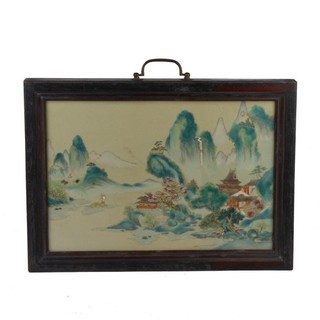 Chinese Antique Wood inlaid Famille Rose Porcelain Painting Hang Screen