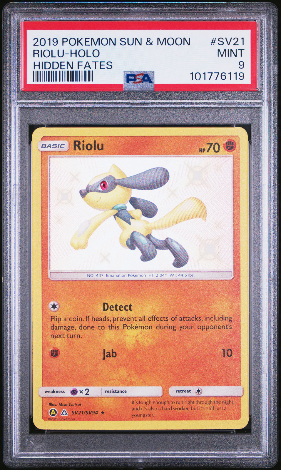 2019 POKEMON SUN & MOON HIDDEN FATES #SV21 RIOLU-HOLO PSA 9 - Main Image