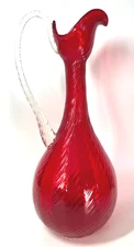 Vintage Mid-Century Modern Italian Art Glass Red Swirl Ewer Pitcher Clear Handle