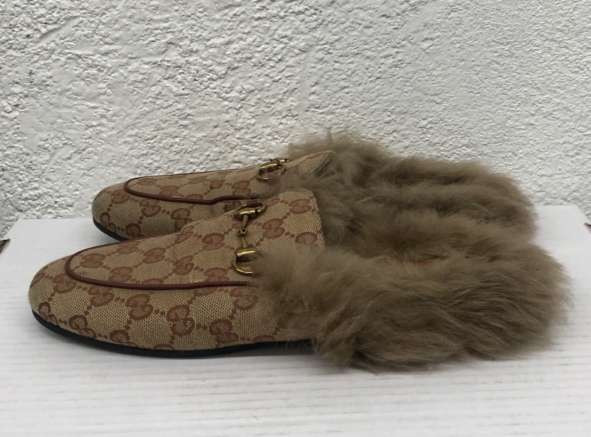 Authentic GUCCI WMNS Brown GG Velvet Princetown Fur Mule Loafers