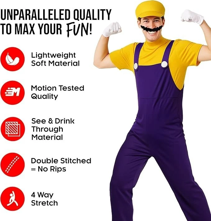 Adulto Super Mario Brothers Wario Disfraz Hombre Amarillo Fontanero Sombrero Bigote L XL Foto 4 de 4
