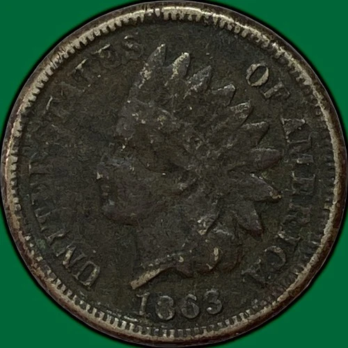 1863 Indian Head Cent Fine F Coin, Corrosion #35378