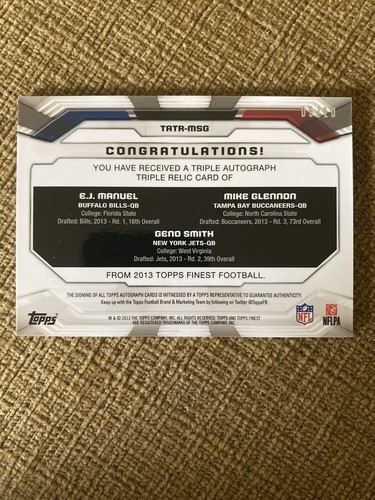 2013 TOPPS FINEST GENO SMITH MANUEL GLENNON REFRACTOR AUTO JERSEY /10 RC ROOKIE - Picture 2 of 3
