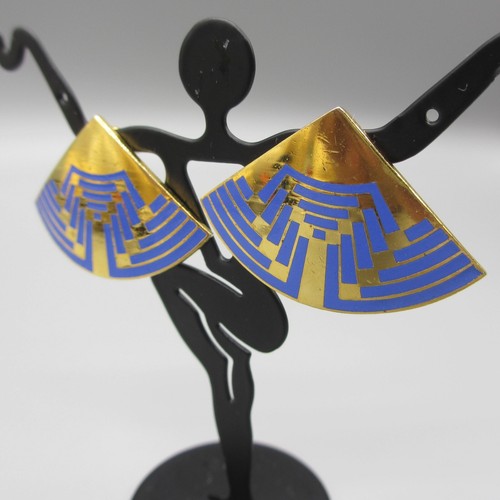 Vintage Laurel Burch Earrings Blue Enamel Gold Tone Rounded Triangles 1.5" - Picture 5 of 9