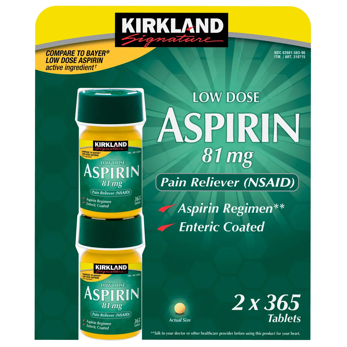 Kirkland Signature Low Dose Aspirin 81mg 730 Tablets 365 Ct 2-Pack (EXP12/2027)