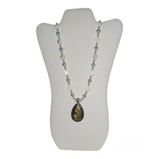 Womens Glass Beaded 15" Long Necklace Handmade Lobster Claw Metal Glass Pendant