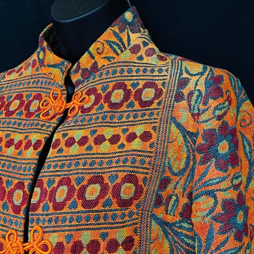 Vintage 1970s floral tapestry jacket, orange red teal stripes deadstock NOS M - Picture 4 of 9