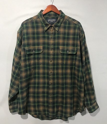 Abercrombie & Fitch Shirt Men's XL Vintage Green Yellow Tartan Flannel Pockets