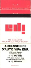 Accessoires D' Auto Vipa Enr., Loretteville, Quebec, Vintage Matchbook Cover