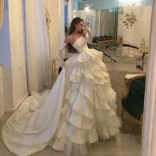 Satin Wedding Dresses Princess Bridal Gowns Puffy Tiered Ruffles Ball Bride