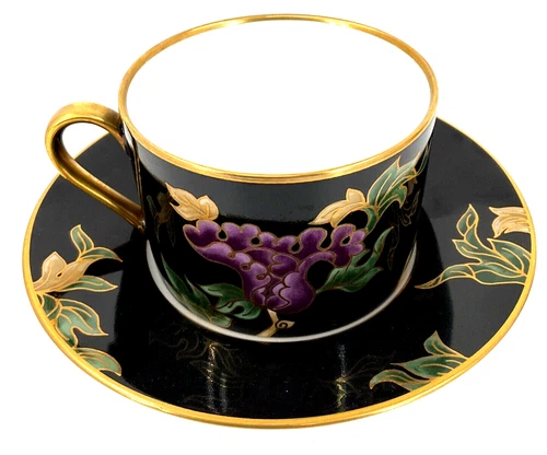 Fitz & Floyd Cloisonne Peony-Black 2 1/4 in Flat Cup & Saucer Set Black Gold
