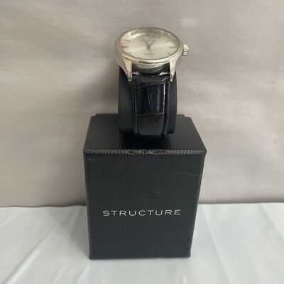 MEN'S STRUCTURE ANALOG QUARTZ WATCH SET BLACK LEATHER BAND ROUND DIAL