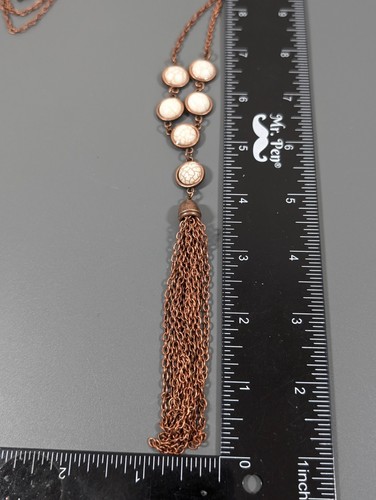 Western Boho Copper Tone White Stone Cabochon Chain Tassel Y Drop Necklace 34 in - Picture 8 of 8