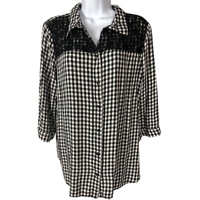 Christopher n Banks Top Women Size L Black White Check Black Lace Button Down