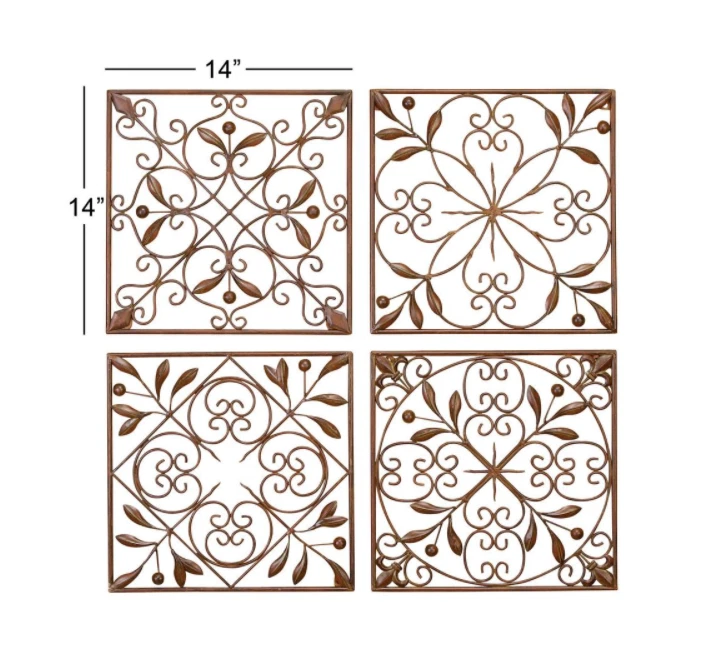 Juego de 4 placas de arte de pared de metal rollo de hoja francesa trabajo marrón decoración del hogar jardín  Foto 3 de 4
