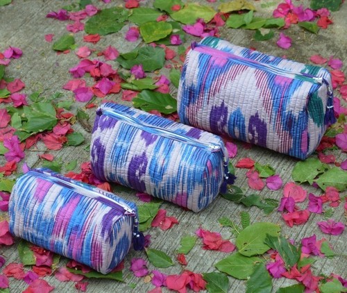 Borsa per toilette multi Ikat cotone indiano unisex borse per trucco impermeabili 3 pz. Set - Foto 2 di 5