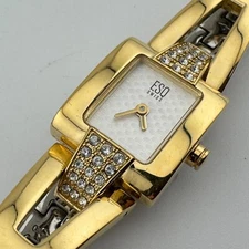 ESQ Swiss Quartz Watch E5245 Women Gold Tone Diamonds Analog New Battery 6.75"